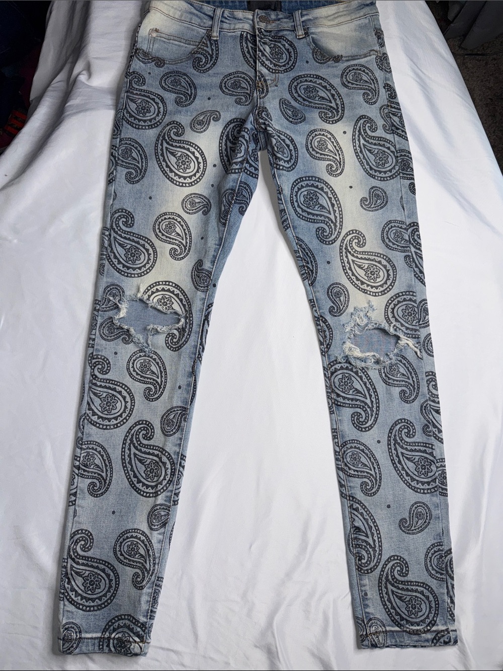 Women's Light Blue Paisley Skinny Jeans with Distressed Knees